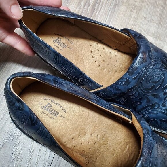 GH Bass & Co Womens Sheena Blue & Black Floral Embossed Tooled Clog Shoe Sz 9.5M - Picture 10 of 14